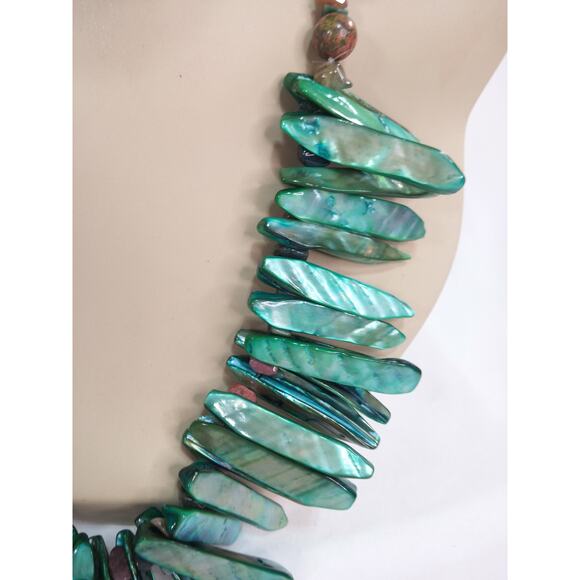 Abalone Shell Necklace Green Paua Artisan Unakite Stones Tribal Spike Statement - Picture 6 of 11